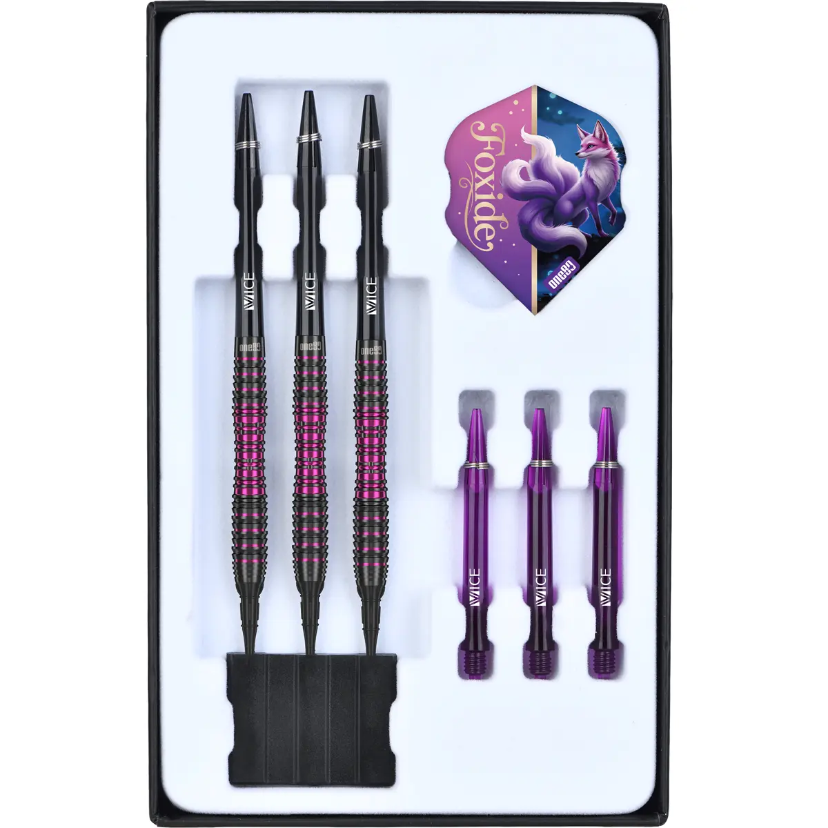 Lieferumfang der One80 Foxide F3 Softdarts mit Barrels, Vice Shafts, Flights und Softdartspitzen