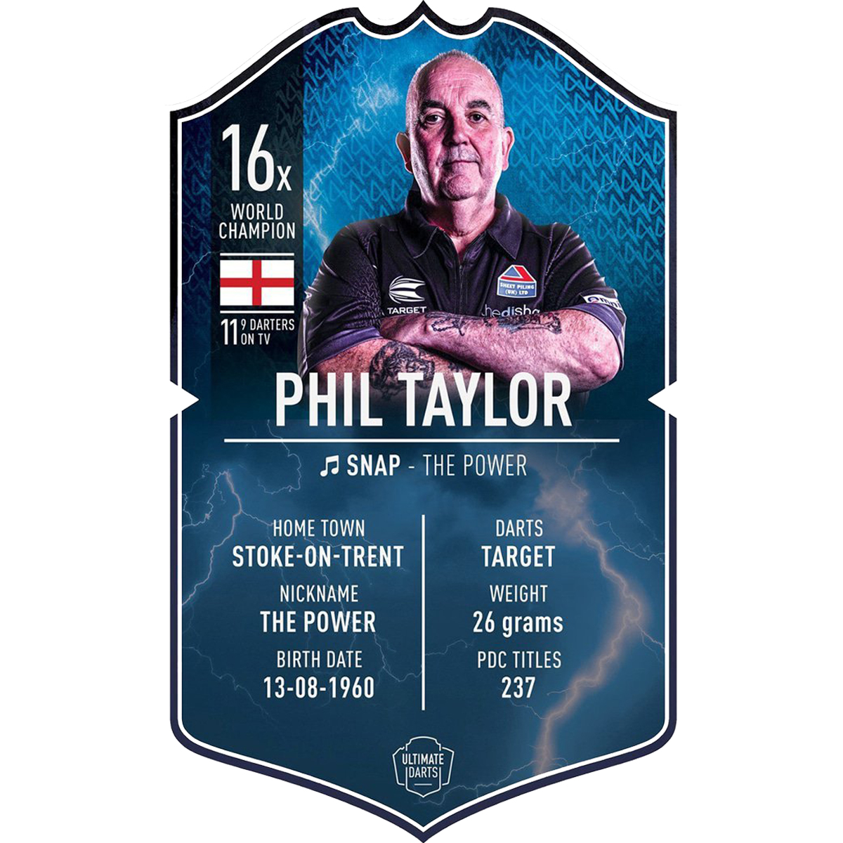 Ultimate Darts Card von :contentReference[oaicite:0]{index=0} – The Power Sammlerstück mit Weltmeistertiteln, Spielerprofil und Karrieredaten