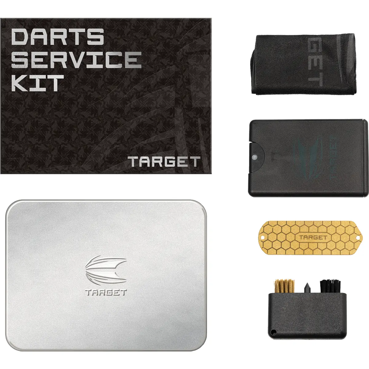 Target Dart Servicing Kit komplett mit Metallbox, Bürstenmodul, Schärfer, Reinigungsplatte und Tuch