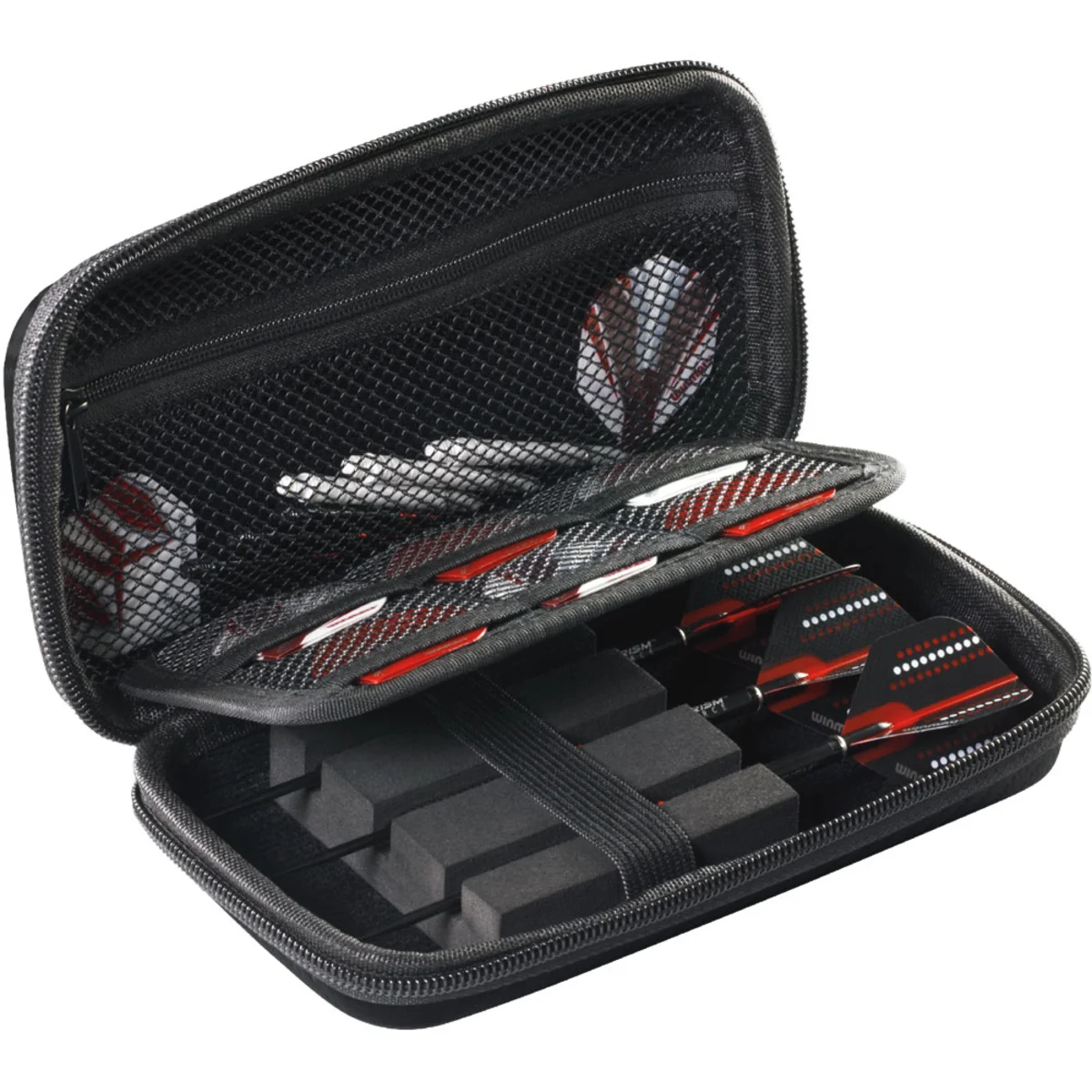 Winmau Blade 6 Dartcase mit klappbarem Inlay Winmau Blade 6 Dartcase – Innenansicht mit klappbarem Inlay und Fächern für Zubehör