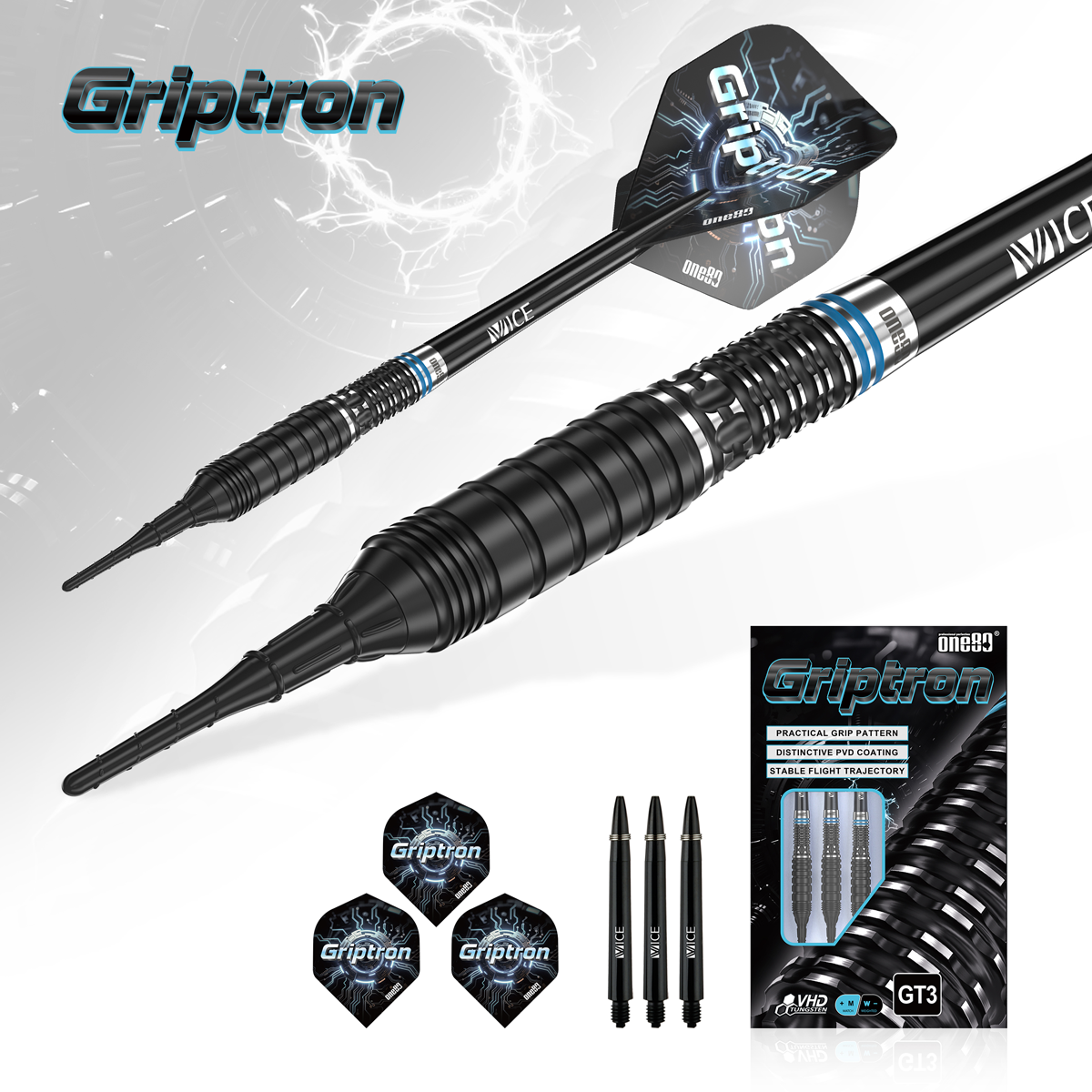 Kurzes Barrel der One80 Griptron GT3 Softdarts mit klar definierter hinterer Griffzone und Ringgrip