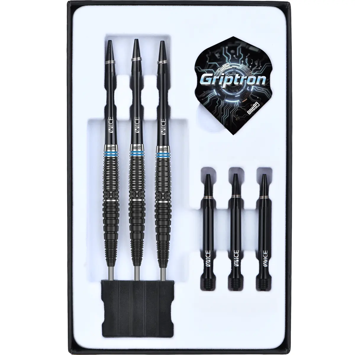One80 Griptron GT1 Steeldarts im Inlay mit 3 Darts, Shafts und Griptron Flight