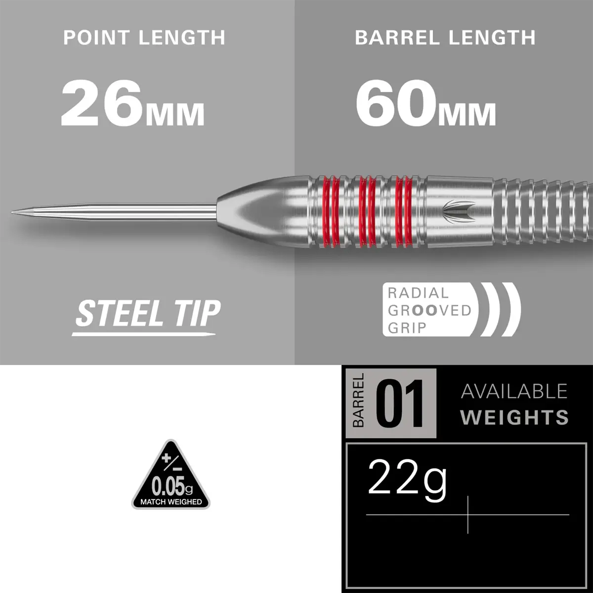 Target Nathan Aspinall Brass Steeldarts 22g Barrel Details mit 60 mm Länge, 26 mm Spitze und radialem Grip