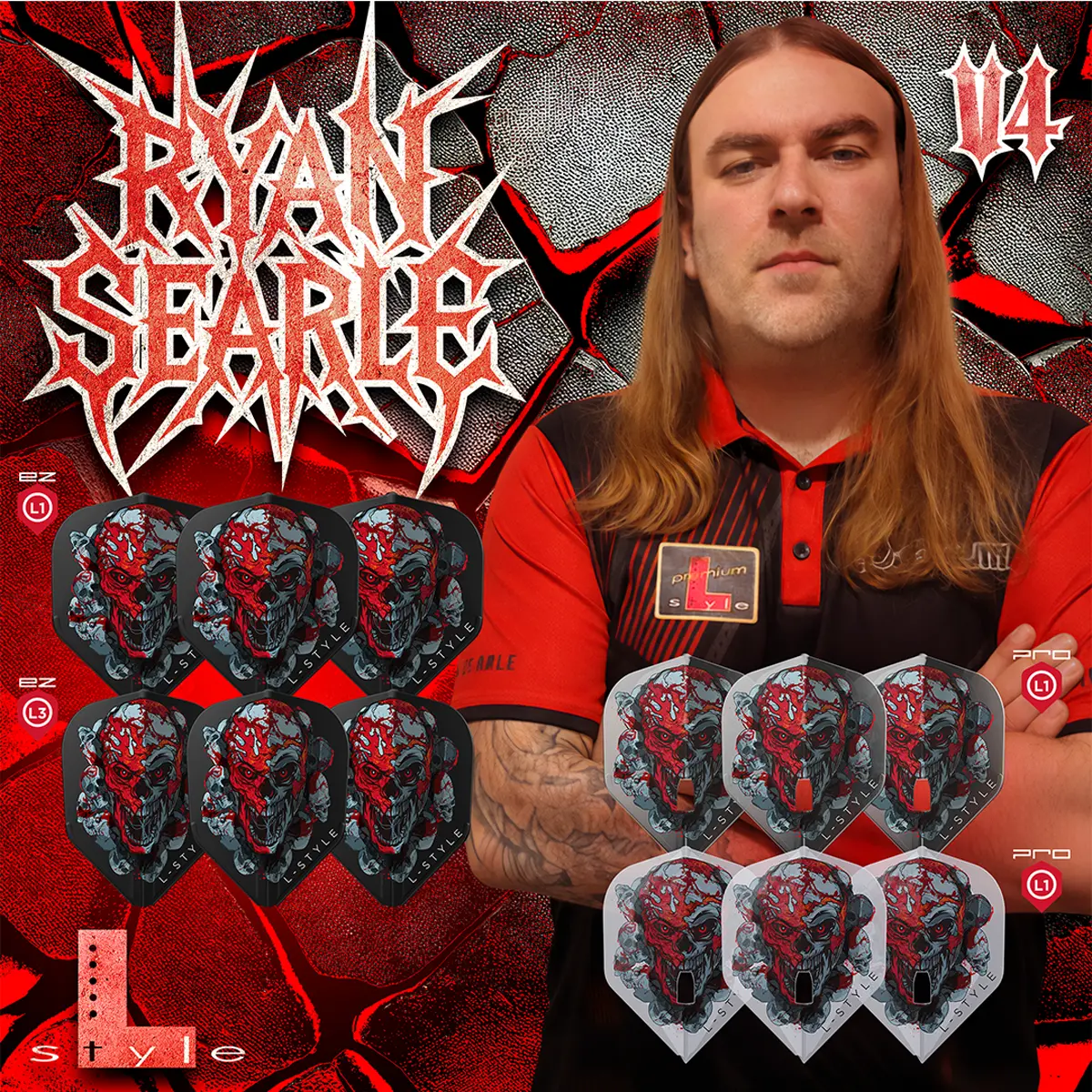 L-Style Ryan Searle V4 EZ L3 Dart Flights Spielerflights mit Totenkopf Design