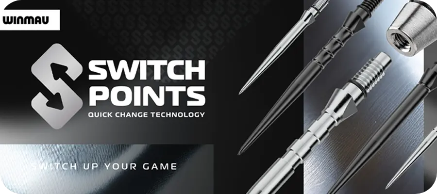 Winmau Switch Points Kategorie Banner mit Quick Change Technology und verschiedenen Steeldartspitzen in Schwarz und Silber
