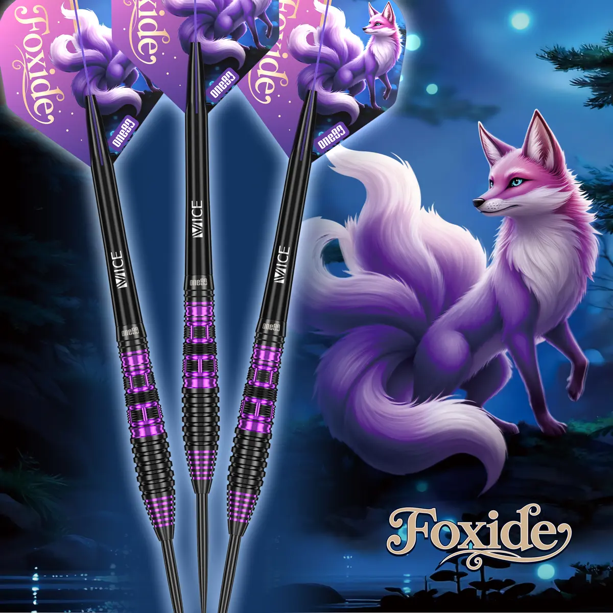 One80 Foxide F2 Steeldarts mit violetten Akzenten vor Foxide Artwork – Torpedo-Barrel mit Heckgrip für Hintengreifer