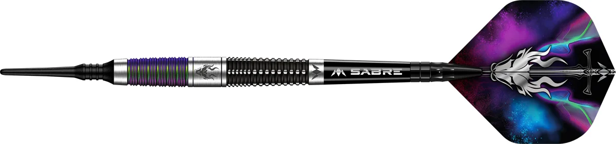 Mission Occult Softdart mit 90 % Tungsten Barrel in Seitenansicht mit schwarzer Beschichtung und multicolor Details