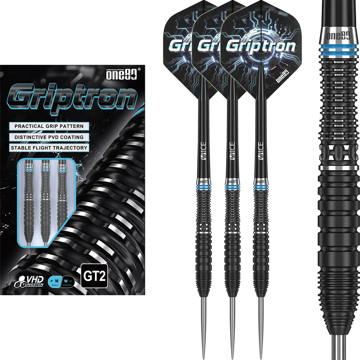 One80 Griptron GT2 Steeldarts mit Verpackung, 3 montierten Darts, Flights sowie Barrel-Detailansicht (Ringgrip)