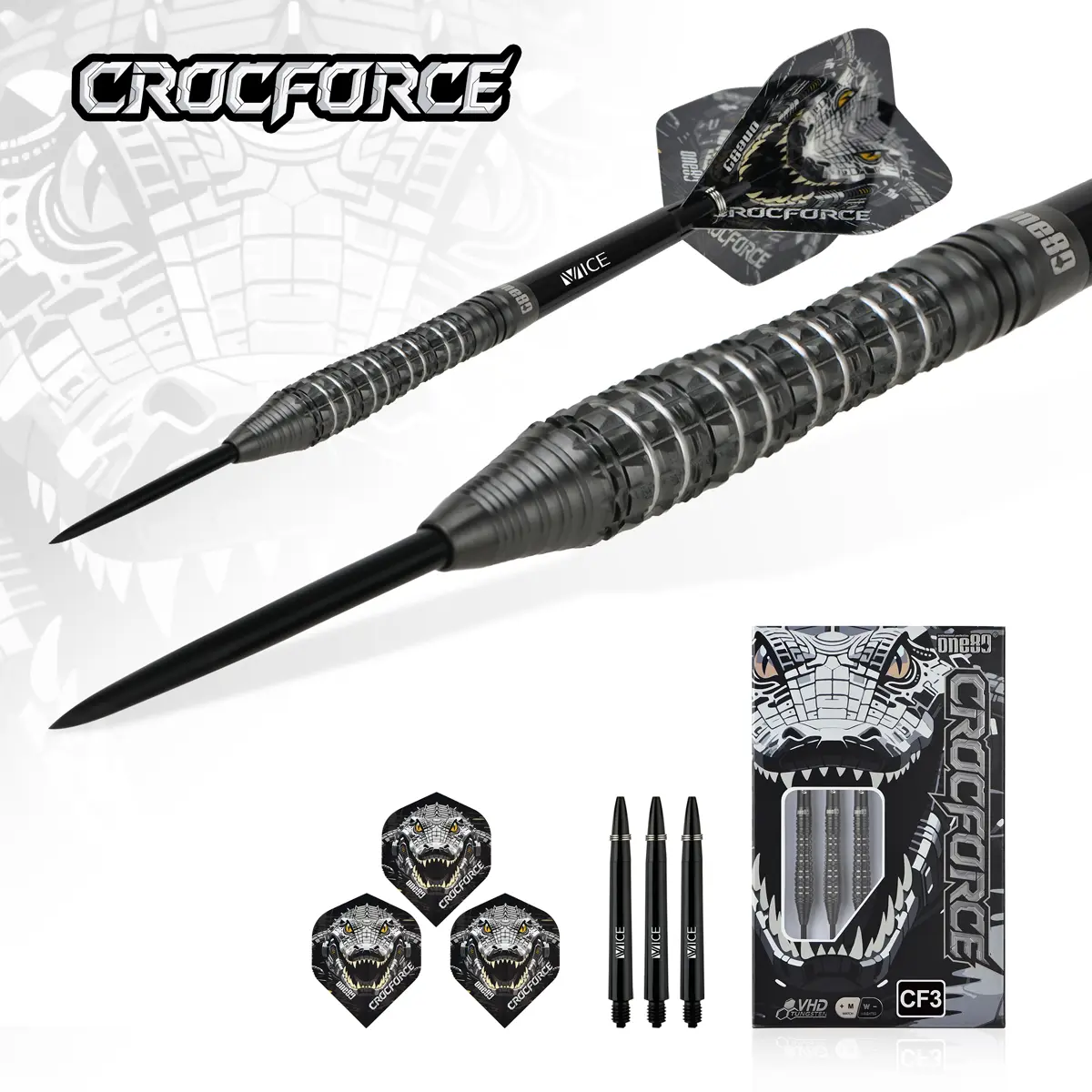 One80 Crocforce CF3 Steeldarts mit Flights, VICE Shafts und Verpackung im Crocodile-Design