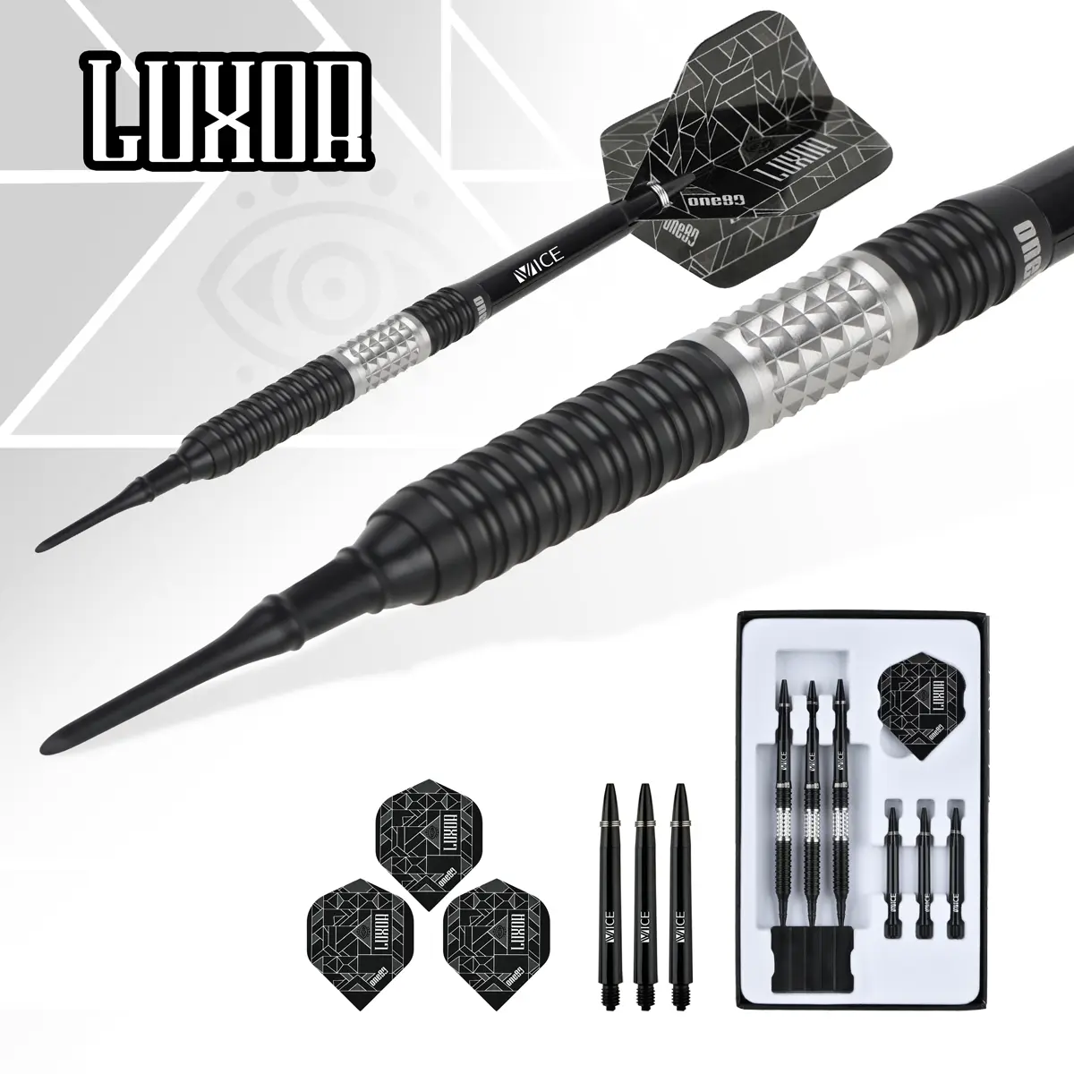 One80 Luxor II Iota Softdarts im Set mit Verpackung, Flights und Zubehör