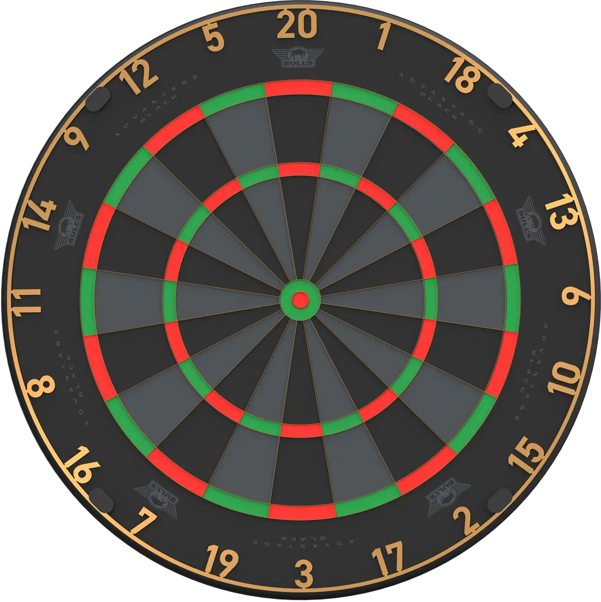Bull's Advantage Black Dartboard in Frontansicht mit dunkler Sisalfläche, goldener Nummerierung und ultradünner Verdrahtung
