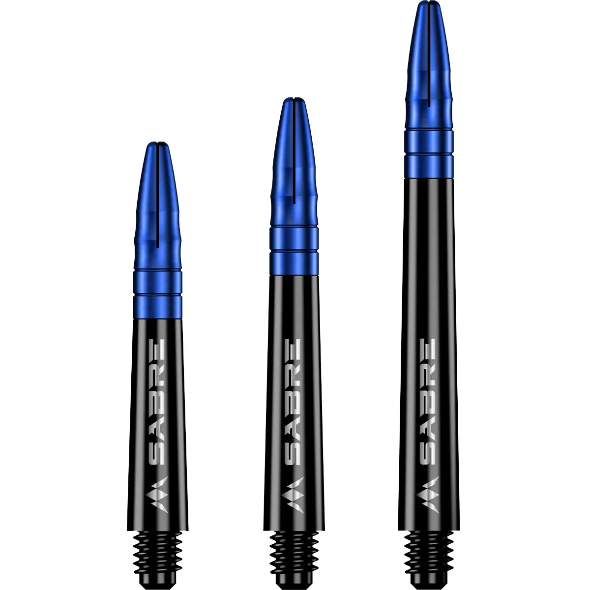 Mission Sabre Dart Shafts in Schwarz-Blau. Set-Ansicht der Größen Short, Midi und Medium. Schwarzer Kunststoff-Body mit blau eloxiertem Aluminium-Top.
