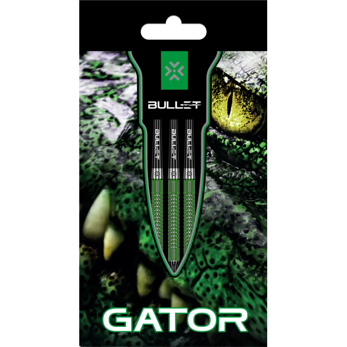 Bullet Gator Softdarts in der Verpackung mit grünem Alligator-Design und drei sichtbaren Barrels