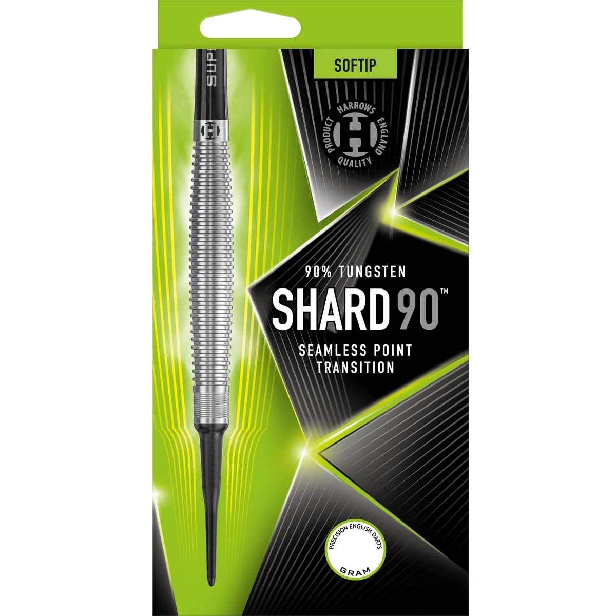 Originalverpackung der Harrows Shard 90% Tungsten Softdarts – Ansicht der Verkaufsbox.