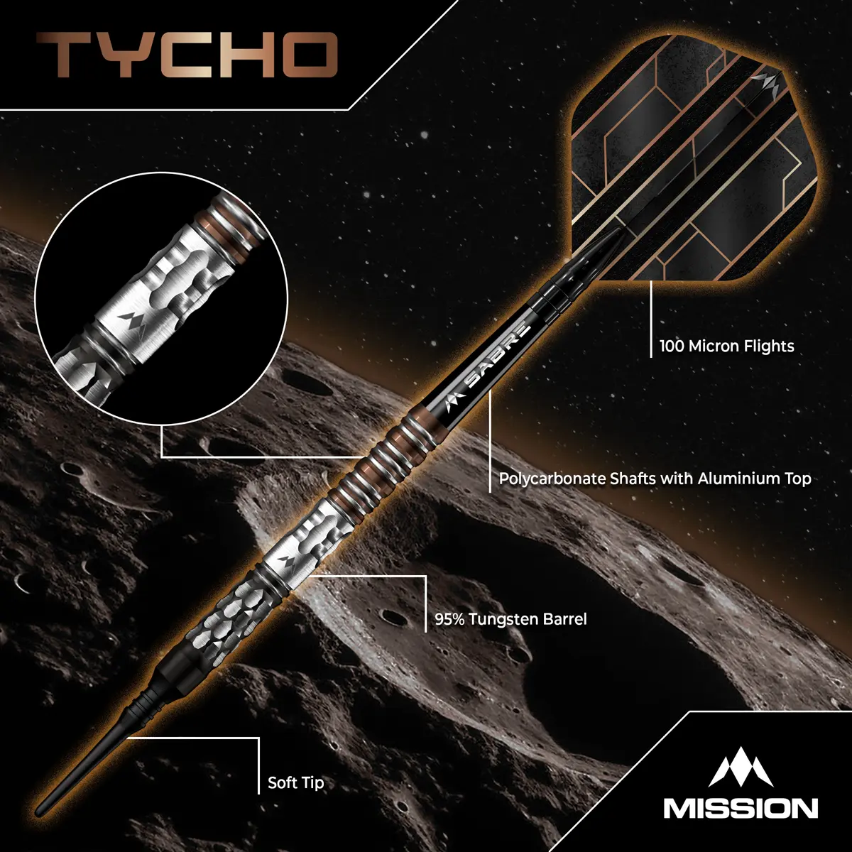 Mission Tycho Softdarts mit 95 % Tungsten Barrel, Sabre Shafts und 100 Micron Flights
