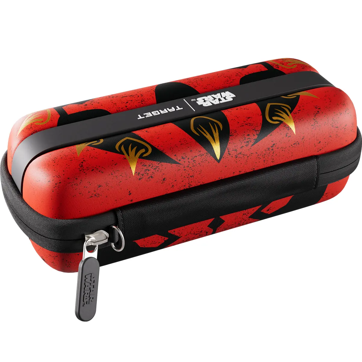 Detailaufnahme des hochwertigen Reißverschlusses mit gummiertem Star Wars Logo-Anhänger an der Darth Maul Tasche.