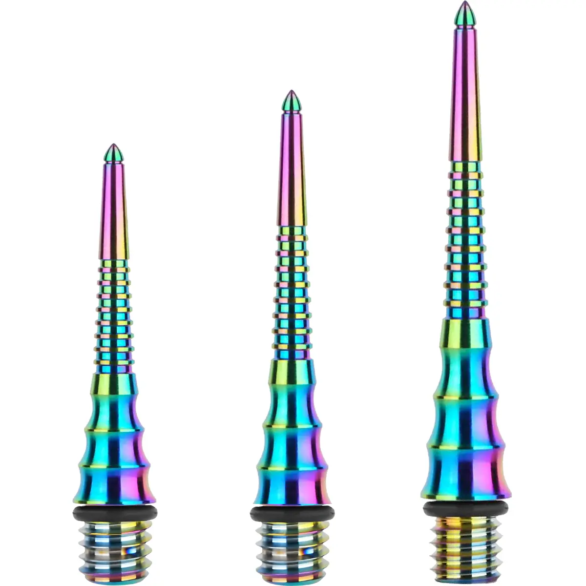 One80 Ti Conversion Point-C Rainbow in 22 mm 26 mm und 30 mm als Titanium Conversion Points mit 2BA Gewinde im Größenvergleich