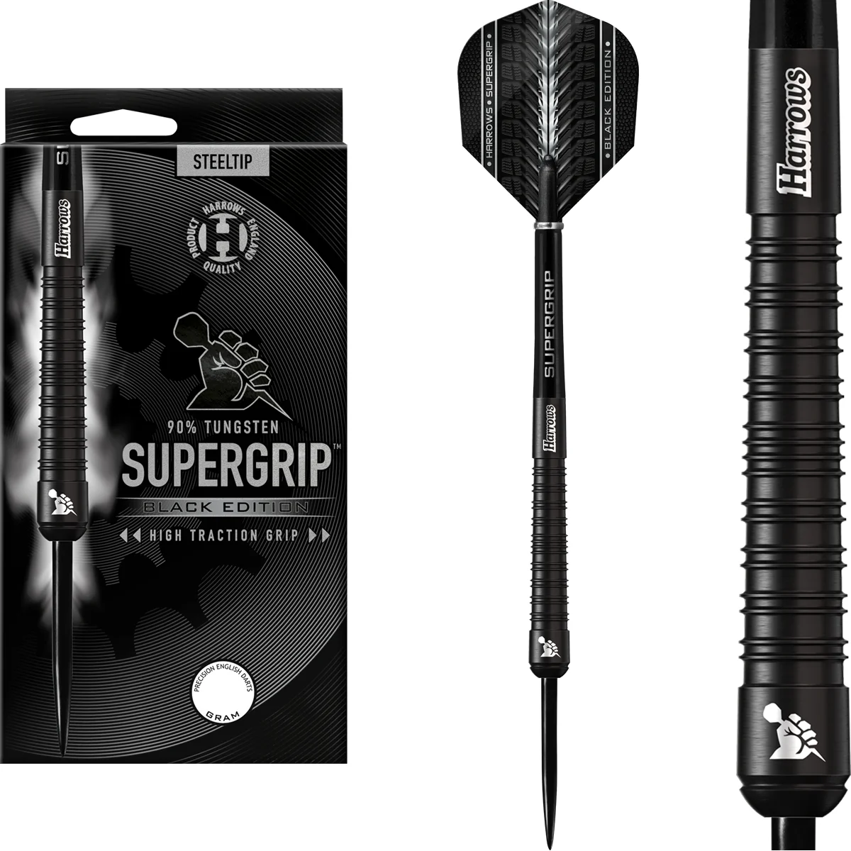 Harrows Supergrip Black Edition Steeldarts Set mit Verpackung, komplettem Dart und Barrel-Nahaufnahme
