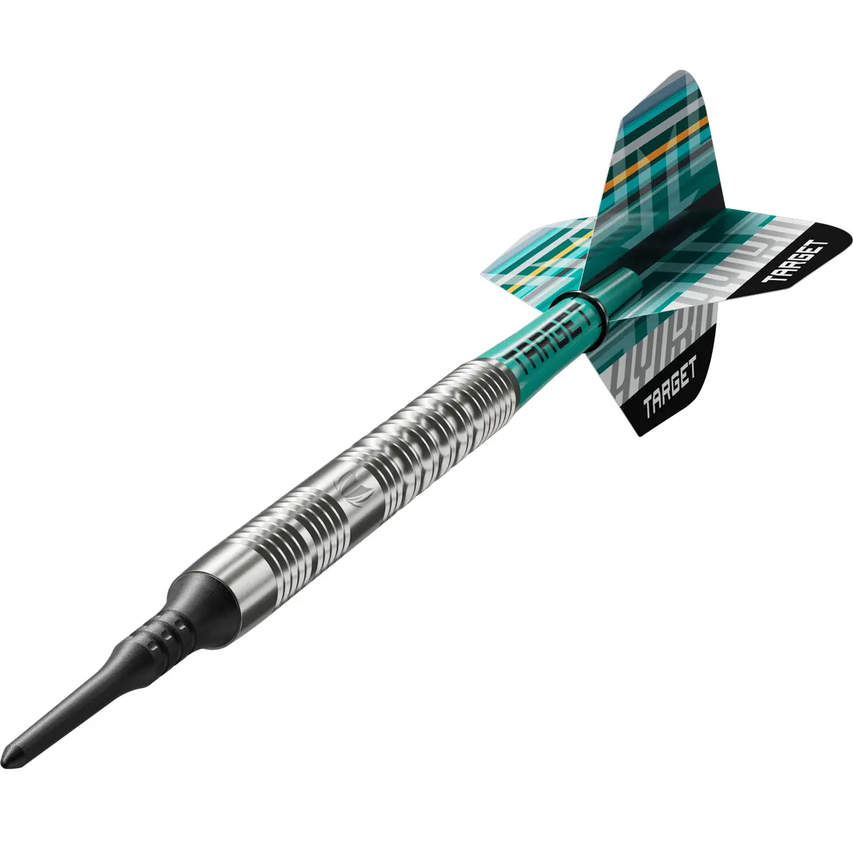 Dynamische Ansicht der Target Hydro 12 Softdarts mit grün-schwarzen Flights