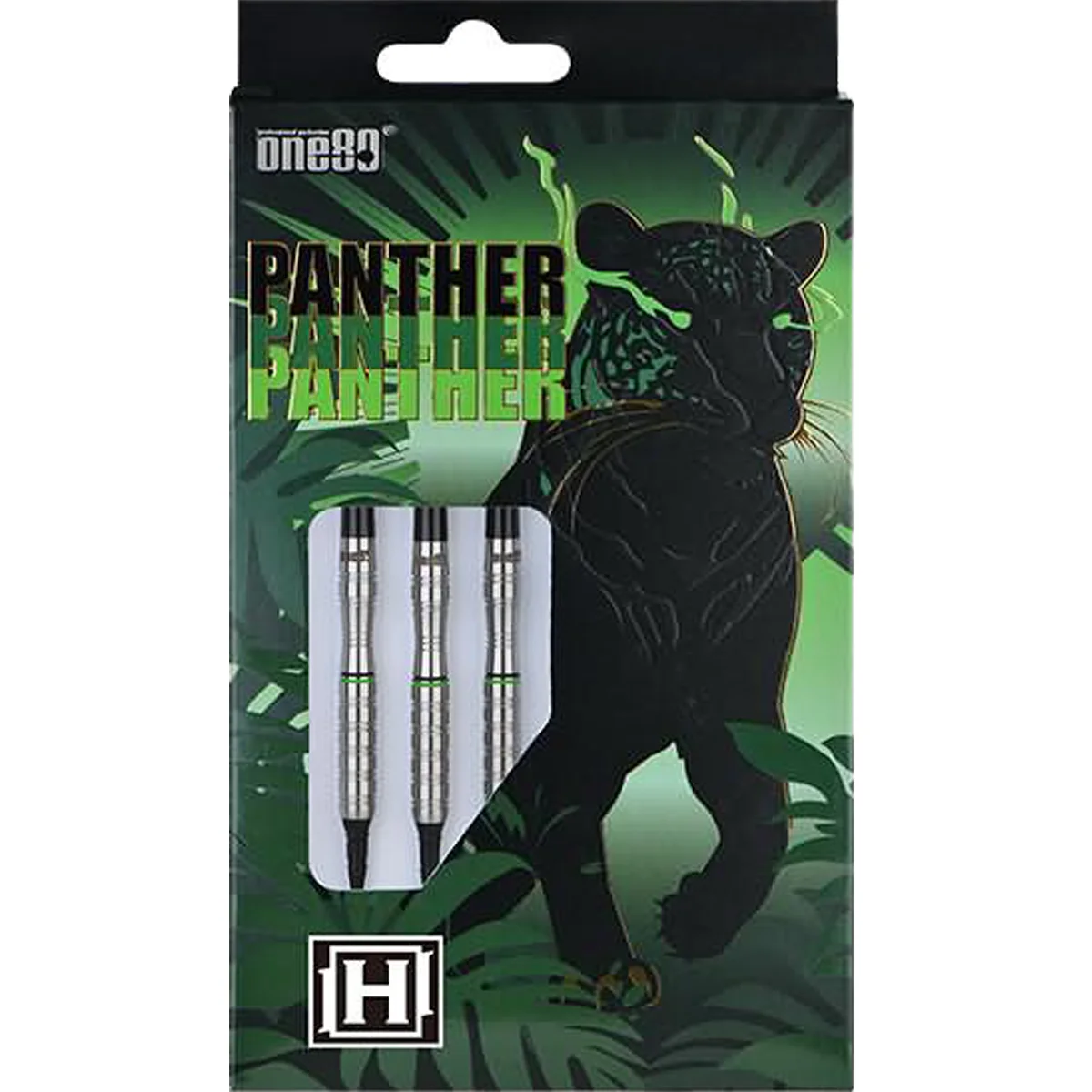 One80 Panther H Softdarts Verpackung mit grünem Panther-Design und sichtbaren Barrels