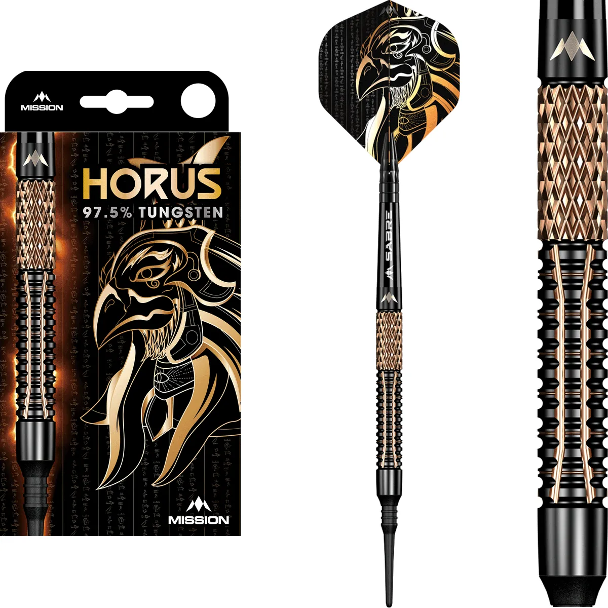 Mission Horus Softdarts 19g Komplettset mit 97,5 % Tungsten Barrel, schwarzen Shafts und Mission Flights
