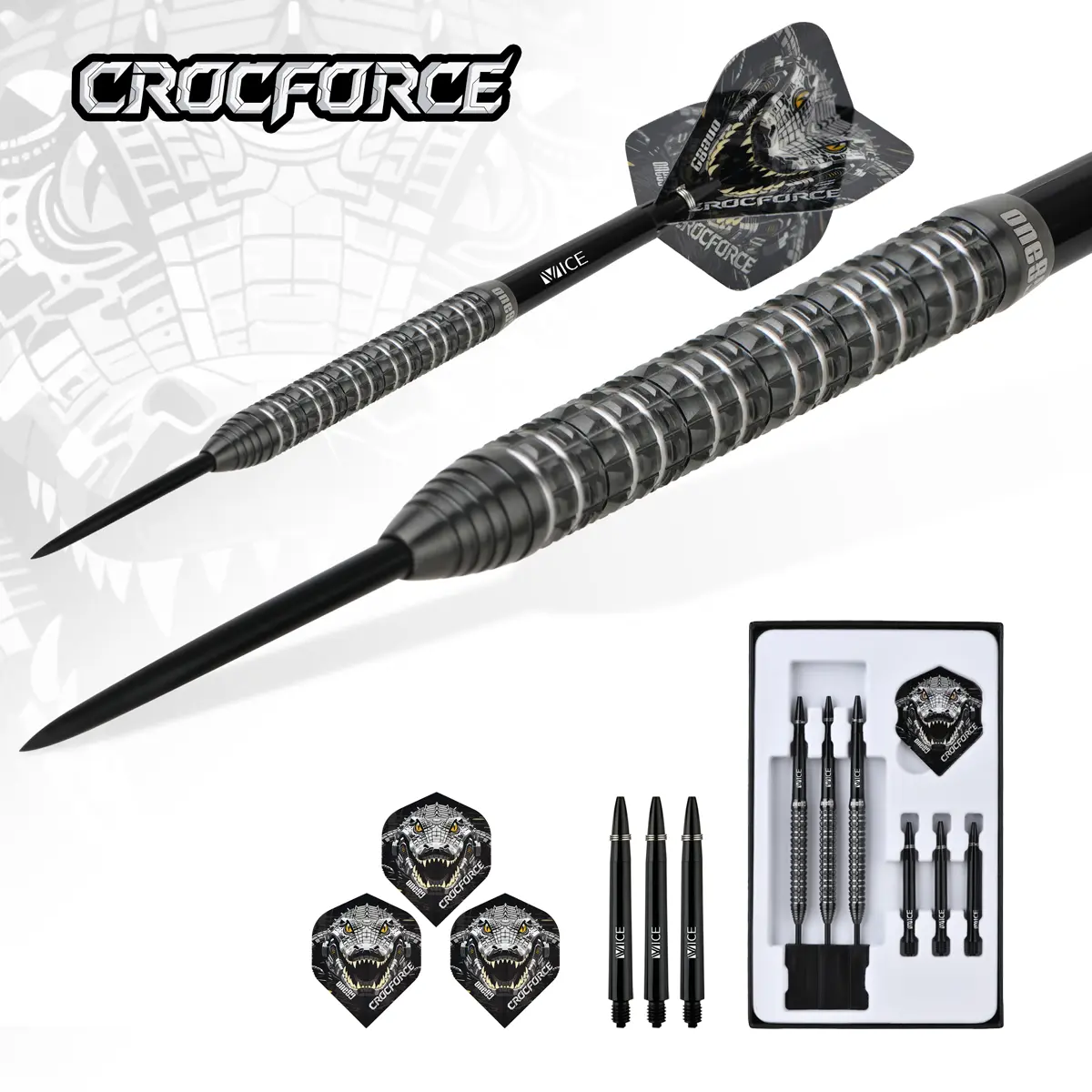 One80 Crocforce CF1 Steeldarts mit Zubehör – Flights, Shafts und Barrels im Set