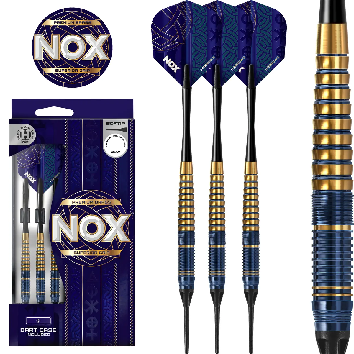 Harrows Nox Softdarts im Set mit edlem Royal-Blue-Gold-Finish und präziser Ringstruktur – griffige Softdarts für Einsteiger und Hobbyspieler.