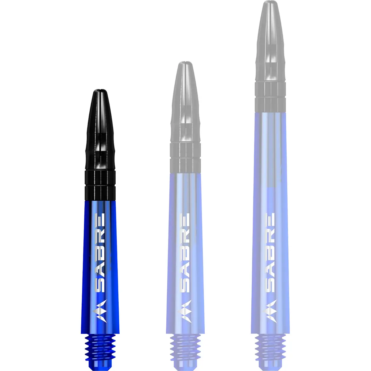 Mission Sabre Dart-Schafts in der Farbe Blau-Schwarz und der Größe Short. Diese kurzen Shafts sind ideal für Spieler, die ein kompaktes Darts-Setup bevorzugen.
