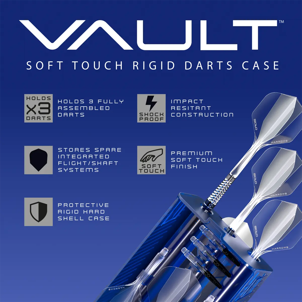 Harrows Vault Dartcase Blau Detailansicht – Soft-Touch Oberfläche & Logo Detailansicht Harrows Vault Dartcase Blau – stoßfestes Soft-Touch Material mit Harrows Logo