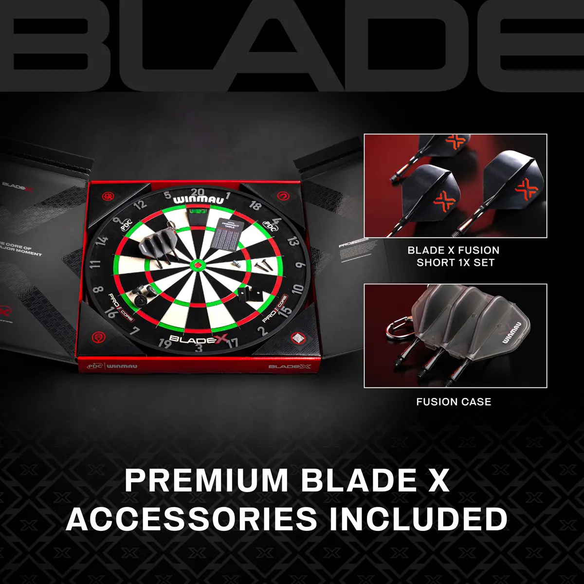 Winmau Blade X Lieferumfang mit Fusion Case, Blade X Fusion Short Flights, Spirit Level Wasserwaage und Montage-Kit