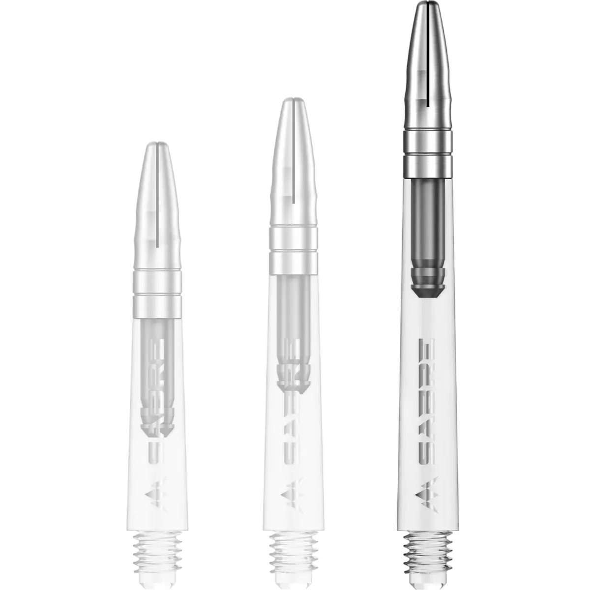 Mission Sabre Dart-Schaft in Klar-Silber, Größe Medium. Langer transparenter Schaft mit silbernem Aluminium-Top für eine perfekt ausbalancierte Flugbahn.