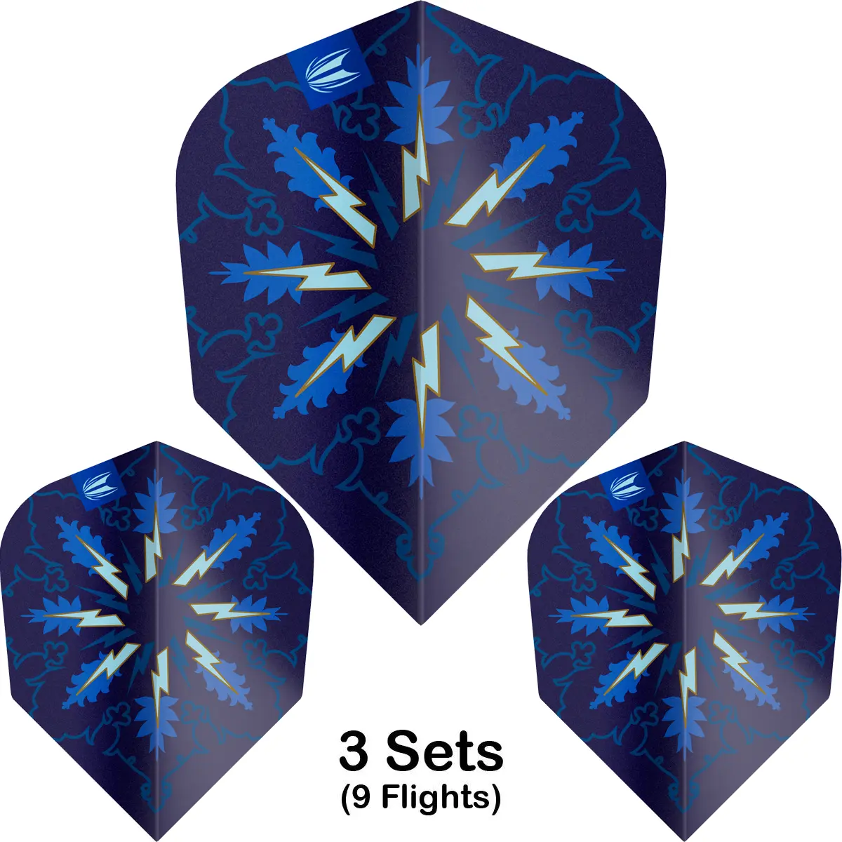Phil Taylor Power Gx2 No6 Flights – 3 Sets Target ProUltra Phil Taylor Power Gx2 No6 Flights – Set-Darstellung, 3 Sets (9 Flights), blaues Lightning-Bolt-Design