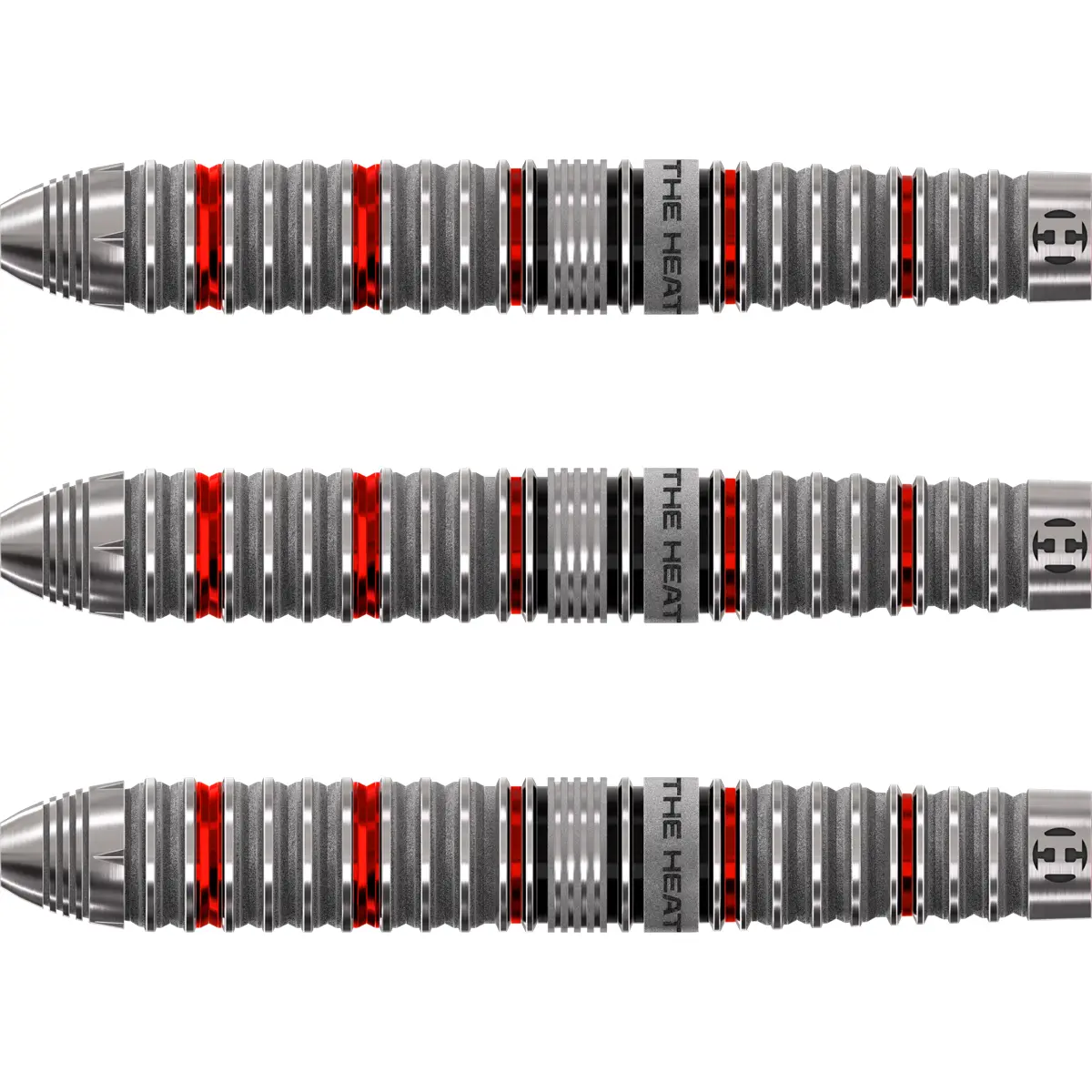 Barrel-Detailansicht der Harrows Damon Heta Series 4 Quick Point Steeldarts Barrel-Details der Harrows Damon Heta Series 4 Quick Point Steeldarts – präzise Ringfräsungen mit roten Akzenten