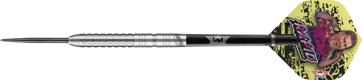 Seitenansicht der Bull’s NL Ricky Evans Steeldarts mit 80 % Tungsten Barrel und schlanker Form
