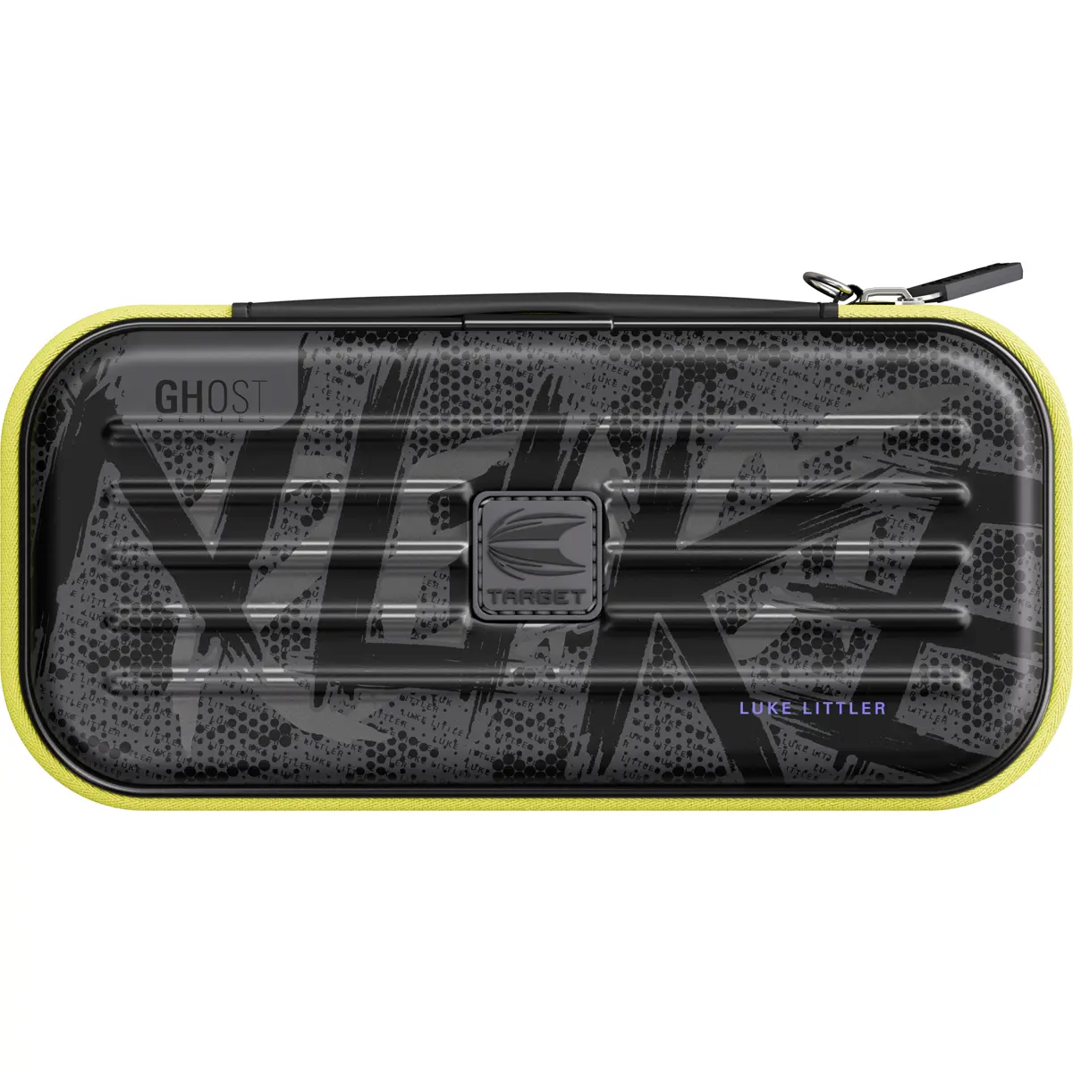 Target Takoma Ghost Luke Littler Darttasche in kompletter Frontansicht mit Signature-Branding und gelben Details