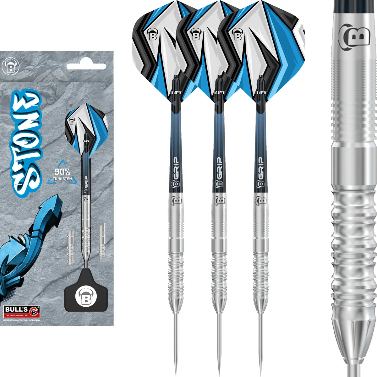 Bull's Stone S3 – Steeldart-Set mit Kombigrip Bull's Stone S3 Steeldarts im Set mit Verpackung – 90 % Tungsten