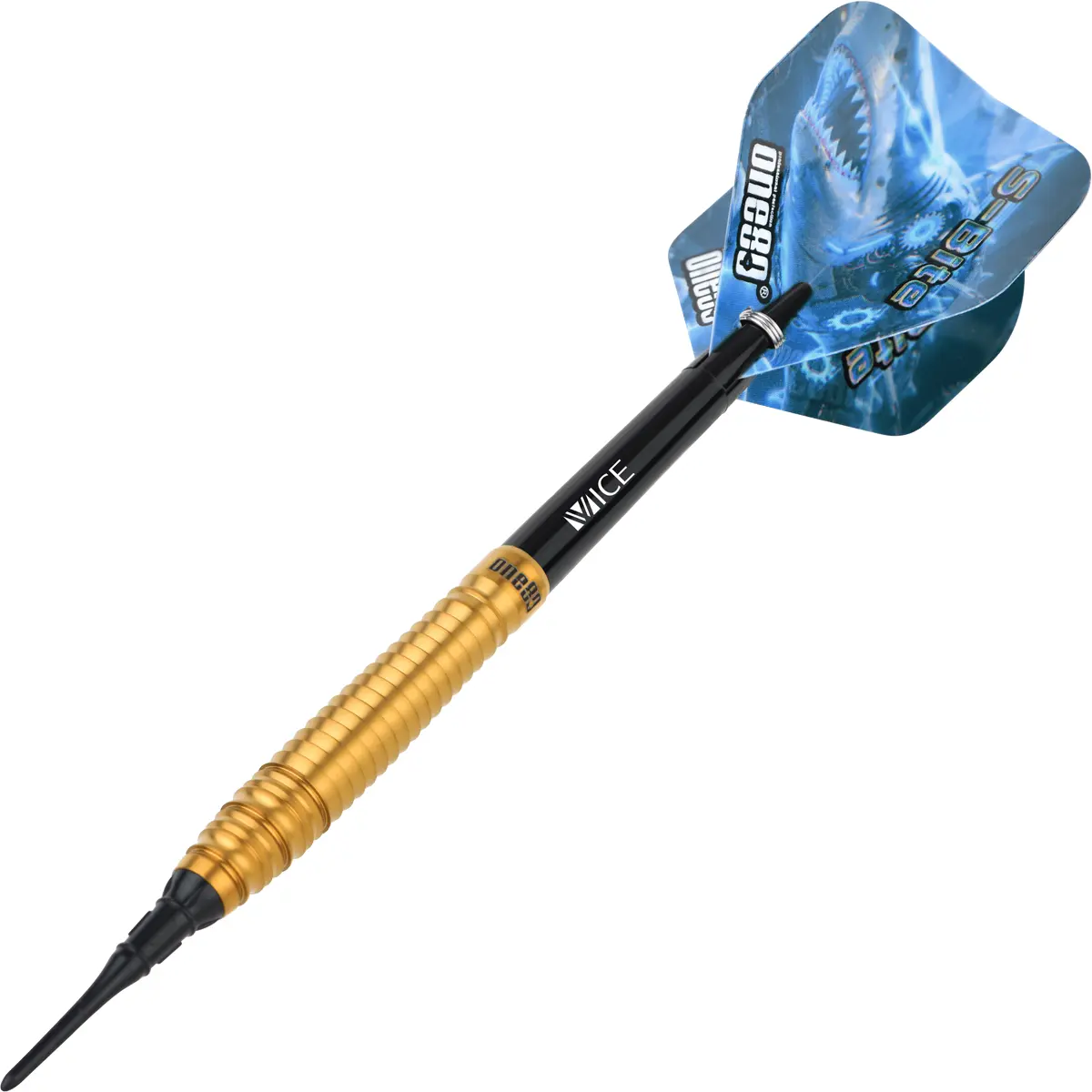 One80 S-Bite S B2 Softdarts in dynamischer Flugansicht mit blauen Flights