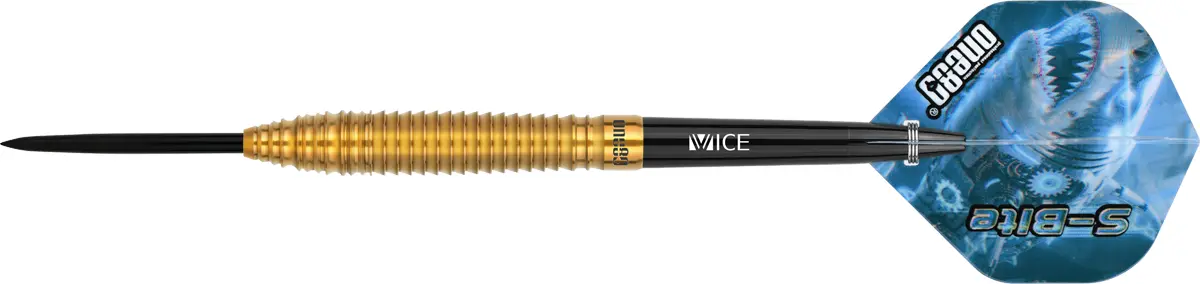 One80 S-Bite S B2 Steeldarts Seitenansicht – goldener Tungsten-Barrel mit schwarzer Spitze