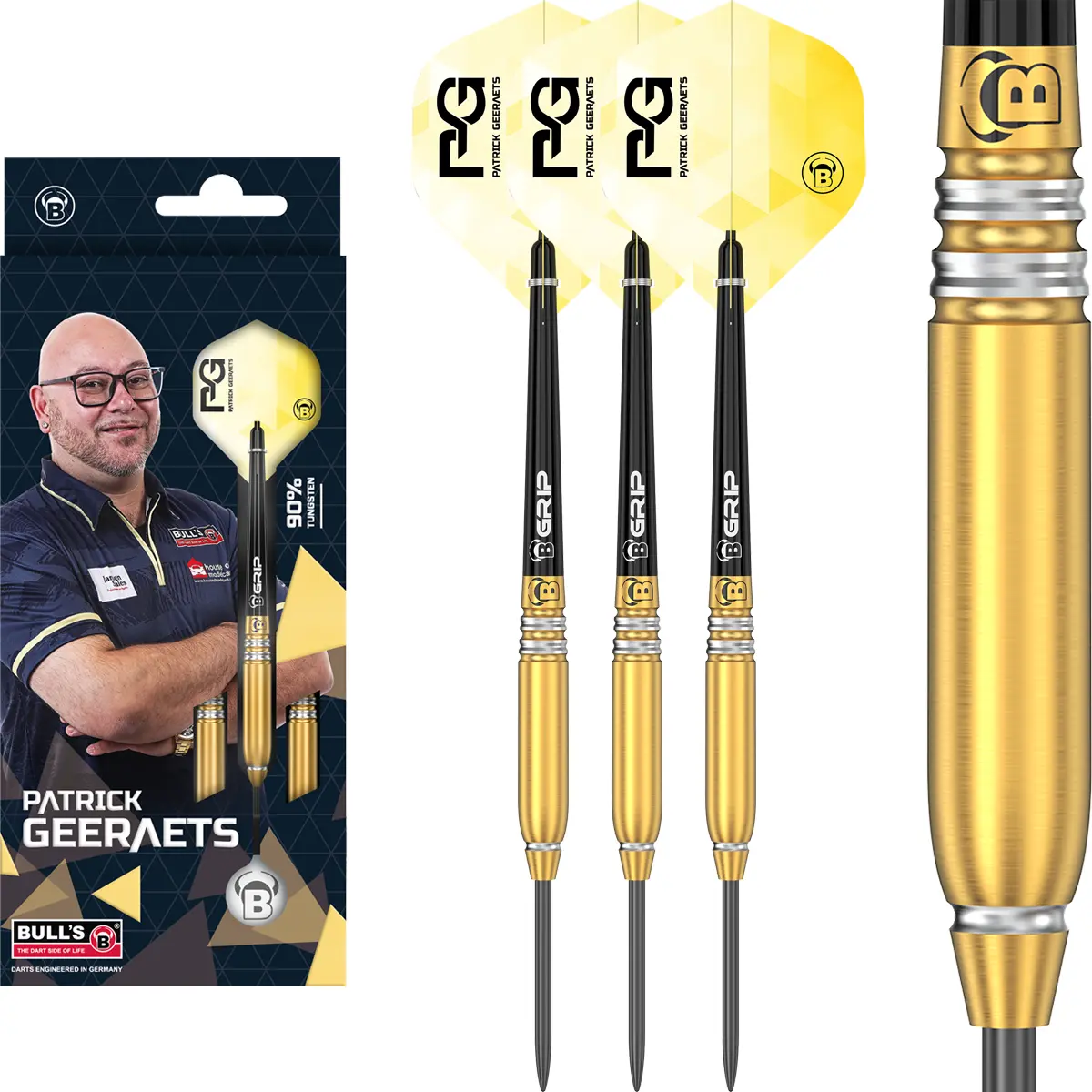 Patrick Geeraets Steeldarts 23 g – Verpackung, goldenes Barrel-Detail und kompletter Dartpfeil