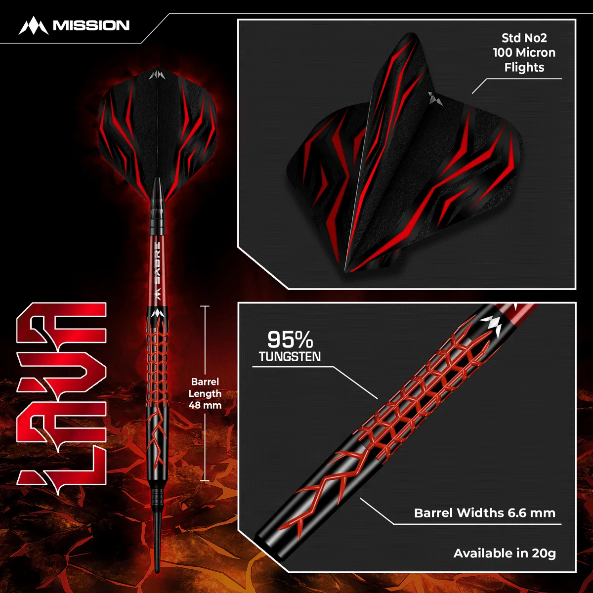 Mission Lava Softdarts Banner mit 95 % Tungsten Barrel und Lava Grip Design