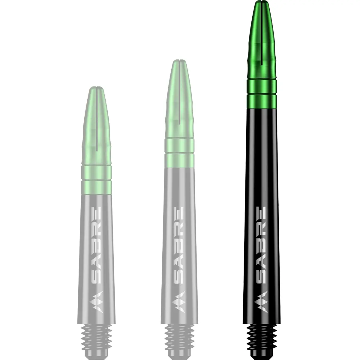 Mission Sabre Dart-Schaft in Schwarz-Grün, Größe Medium. Lange Hybrid-Shafts für eine ruhige Flugphase und klassisches Darts-Handling.