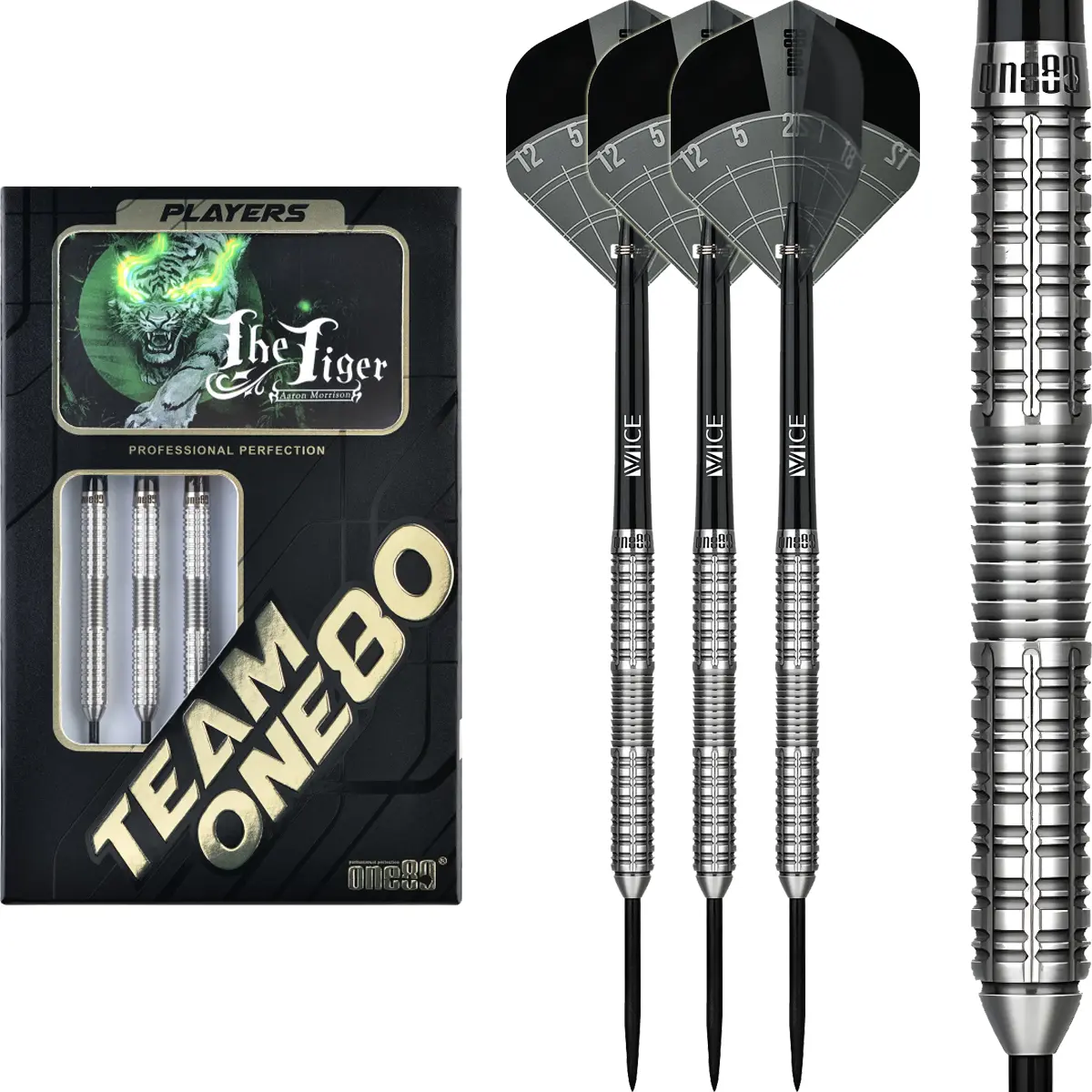 One80 Aaron Morrison The Tiger Steeldarts mit Verpackung in Gruppenaufnahme