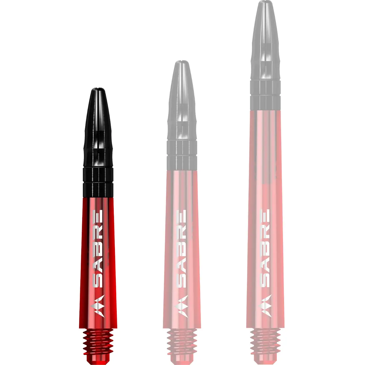Mission Sabre Dart-Schaft in Rot-Schwarz, Größe Short. Kurzer Hybrid-Shaft mit rotem Polycarbonat-Body und schwarzem Alu-Top.