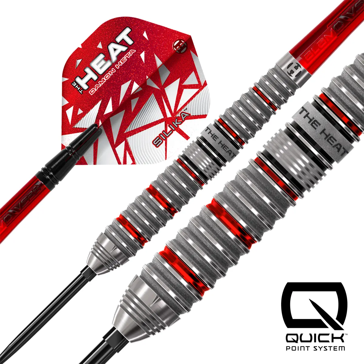 Harrows Damon Heta Series 4 Quick Point Steeldarts in dynamischer Ansicht – rot-silbernes Design mit Sandblast-Grip
