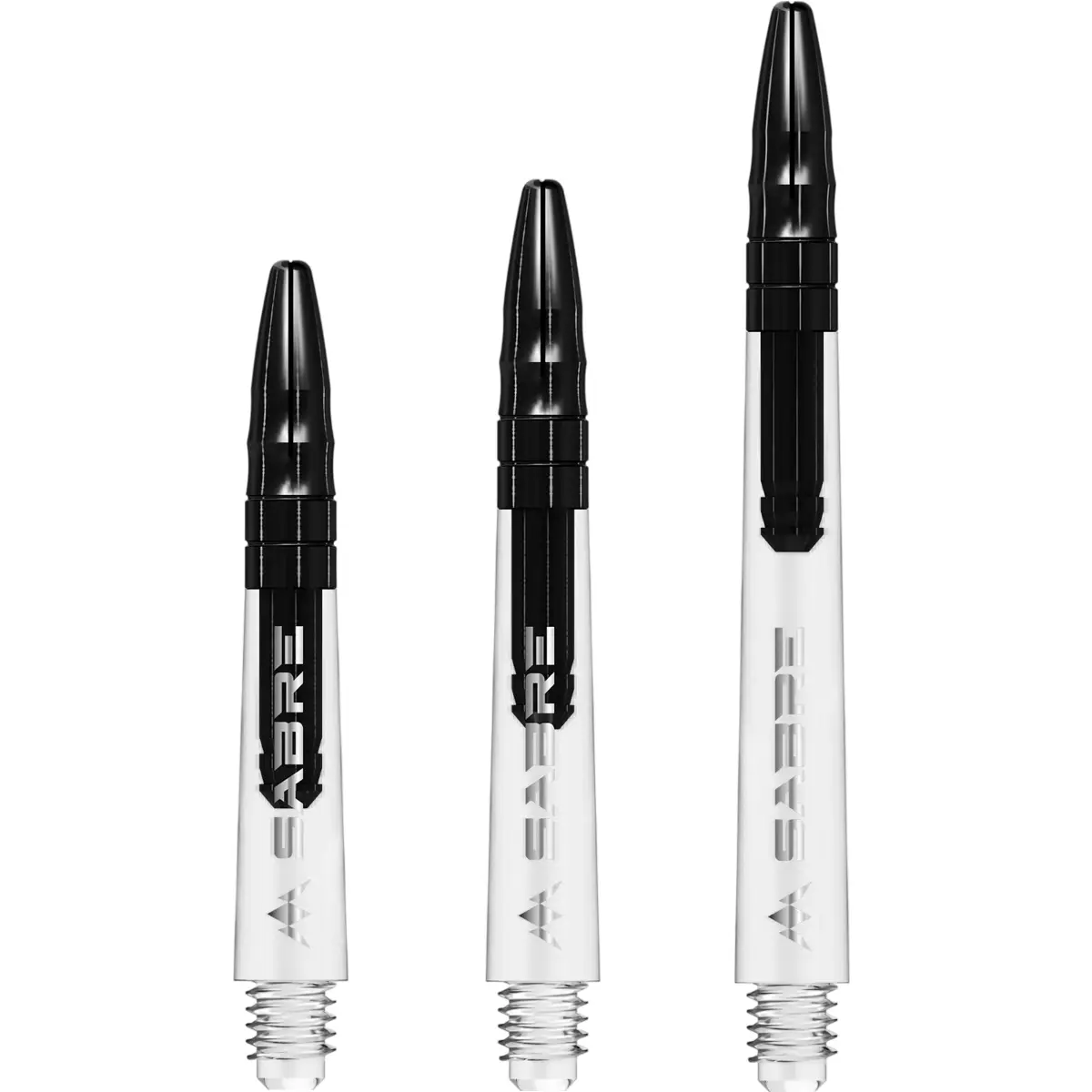 Mission Sabre Dart Shafts in Klar-Schwarz. Alle Längen (Short, Midi, Medium) im Überblick. Transparentes Polycarbonat-Unterteil mit schwarzem Aluminium-Top.