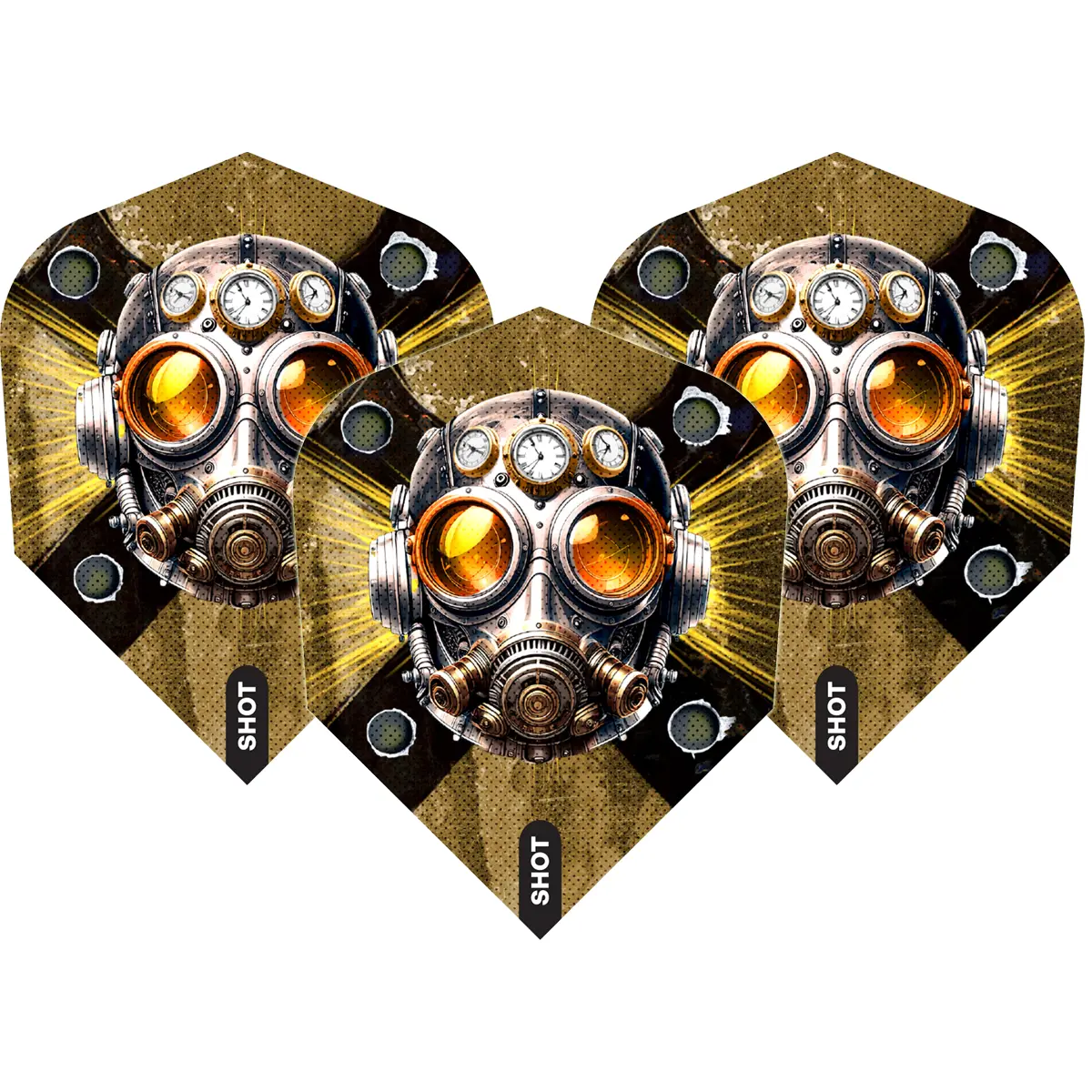 Shot Badlands The Sheriff Flights No.6 – 3 Stück | Dartgott Shot Badlands The Sheriff Flights No.6 im Dreierset – Gasmaske mit Messing-Details und orangefarbenen Linsen auf gold-schwarzem Hintergrund, 100 Micron stark