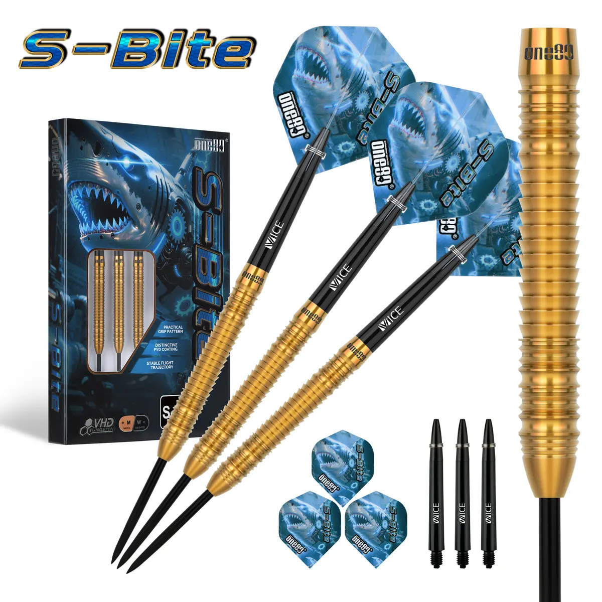 One80 S-Bite S B3 Steeldarts mit Verpackung – goldene Tungsten-Barrels, Flights und Shafts