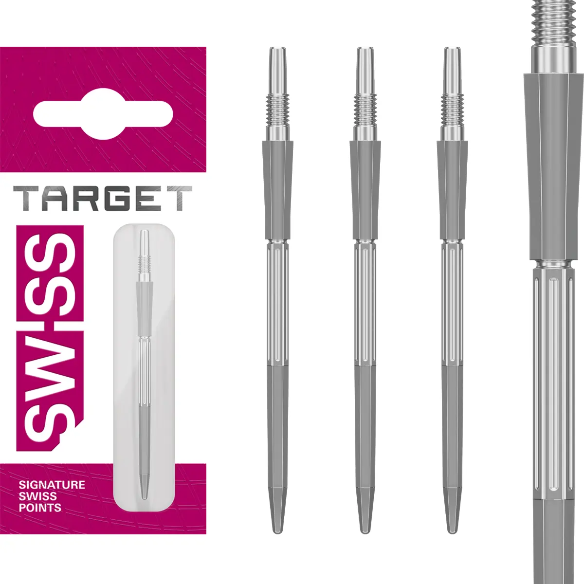 Target Elysian Archetype 43 Swiss Points silber Detailansicht mit Gewinde und Gripstruktur