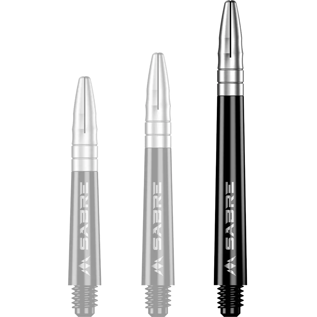 Mission Sabre Dart-Schaft in Schwarz-Silber, Größe Medium. Langer Hybrid-Schaft für eine stabile Flugbahn im klassischen silber-schwarzen Design.
