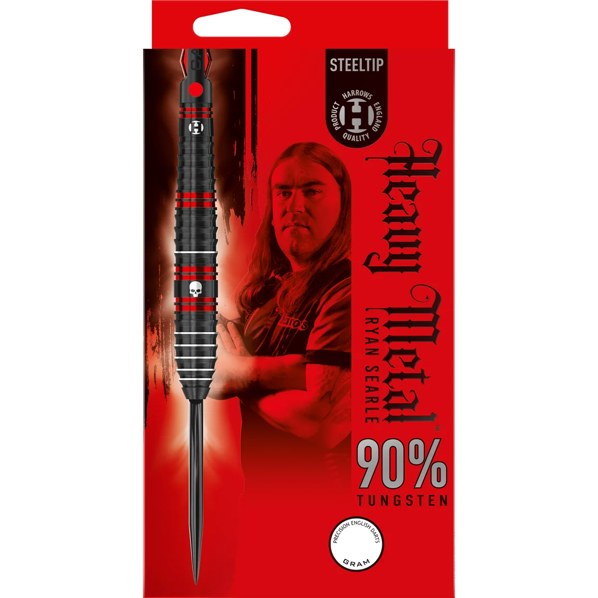 Harrows Ryan Searle 90 % Tungsten Steeldarts in der Heavy-Metal-Verpackung mit schwarz-rotem Design und Totenkopf-Motiv.